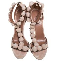Pre Owned Alaia Beige Suede Studded 'Bombe' T-Strap Ankle Cuff Sandals Size 38.5