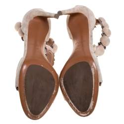 Pre Owned Alaia Beige Suede Studded 'Bombe' T-Strap Ankle Cuff Sandals Size 38.5