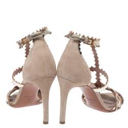 Pre Owned Alaia Beige Suede Laser Cut Ankle Strap Sandals Size 36