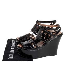 Pre Owned Alaia Black Patent Leather Cutout Platform Wedge Slingback Sandals Size 35