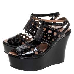 Pre Owned Alaia Black Patent Leather Cutout Platform Wedge Slingback Sandals Size 35