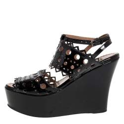 Pre Owned Alaia Black Patent Leather Cutout Platform Wedge Slingback Sandals Size 35