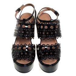 Pre Owned Alaia Black Patent Leather Cutout Platform Wedge Slingback Sandals Size 35