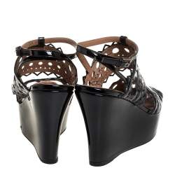 Pre Owned Alaia Black Patent Leather Cutout Platform Wedge Slingback Sandals Size 35