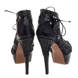 Pre Owned Alaia Black Leather Woven Lace Up Platform Sandals Size 38.5