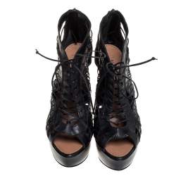 Pre Owned Alaia Black Leather Woven Lace Up Platform Sandals Size 38.5