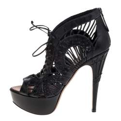 Pre Owned Alaia Black Leather Woven Lace Up Platform Sandals Size 38.5