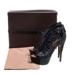 Pre Owned Alaia Black Leather Woven Lace Up Platform Sandals Size 38.5