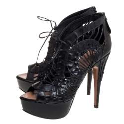 Pre Owned Alaia Black Leather Woven Lace Up Platform Sandals Size 38.5