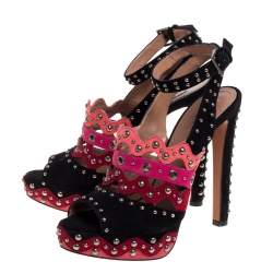 Pre Owned Alaia Multicolor Multicolor Suede Studded Platform Sandals Size 38.5