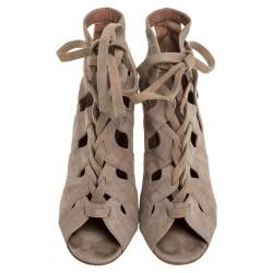 Pre Owned Alaia Beige Cut Out Suede Lace Up Peep Toe Ankle Booties Size 37.5