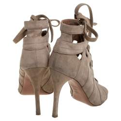 Pre Owned Alaia Beige Cut Out Suede Lace Up Peep Toe Ankle Booties Size 37.5