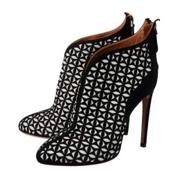 Pre Owned Alaia Black/White Floral Cut Out Suede Booties Size 38.5