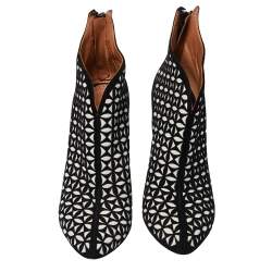 Pre Owned Alaia Black/White Floral Cut Out Suede Booties Size 38.5