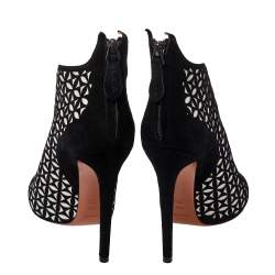 Pre Owned Alaia Black/White Floral Cut Out Suede Booties Size 38.5