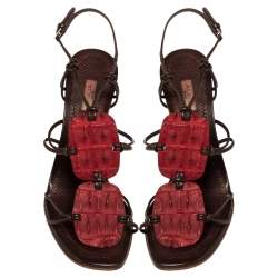 Pre Owned Alaia Red/Brown Croc Leather And Leather Strappy Sandals Size 39