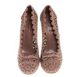 Pre Owned Alaia Beige Suede Laser Cut Pumps Size 36.5