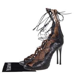 Pre Owned Alaia Black Laser Cut Leather Gladiator Ankle Wrap Sandals Size 37