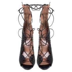 Pre Owned Alaia Black Laser Cut Leather Gladiator Ankle Wrap Sandals Size 37