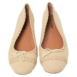 Pre Owned Alaia Beige Canvas And Leather Bow Ballet Flats Size 40