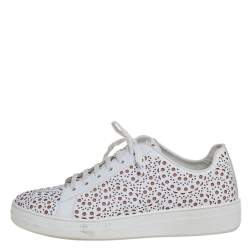Pre Owned Alaia White Laser Cut Leather Lace Up Sneakers Size 40