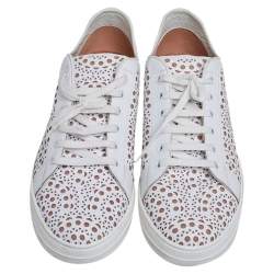 Pre Owned Alaia White Laser Cut Leather Lace Up Sneakers Size 40