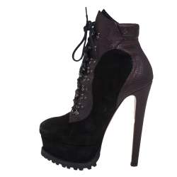 Pre Owned Alaia Black/Brown Suede And Leather Platform Lace Up Ankle Booties Size 36