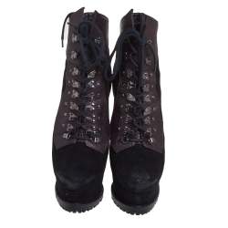 Pre Owned Alaia Black/Brown Suede And Leather Platform Lace Up Ankle Booties Size 36