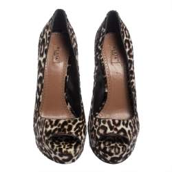 Pre Owned Azzedine Alaia Two Tone Leopard Print Calf Hair Peep Toe Platform Pumps Size 39