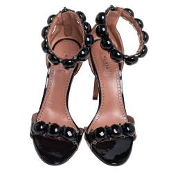 Pre Owned Alaia Black Patent Leather Chamois Bombe Ankle Cuff Sandals Size 37.5