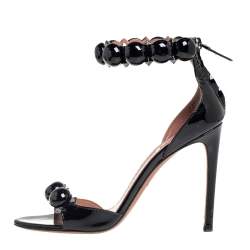 Pre Owned Alaia Black Patent Leather Chamois Bombe Ankle Cuff Sandals Size 37.5