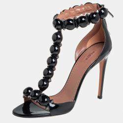 Alaia Black Patent Leather Bombe T-strap Sandals Size 39