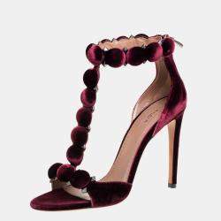 Alaia Burgundy Velvet Studded 'Bombe' T-Strap Ankle Cuff Sandals Size 39