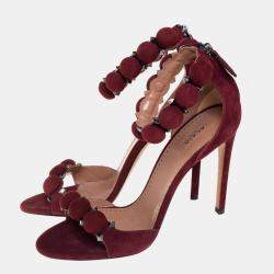 Alaia Burgundy Suede Studded 'Bombe' T-Strap Ankle Cuff Sandals Size 39