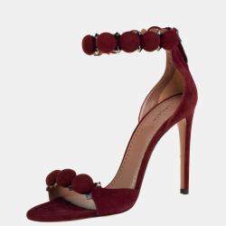 Alaia Burgundy Suede Studded 'Bombe' T-Strap Ankle Cuff Sandals Size 39
