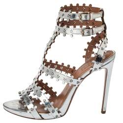 Pre Owned Alaia Silver Patent Leather Caged Sandals Size 41