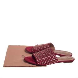 Alaia Red/Bronze Suede Embellished Flat Slides Size 37
