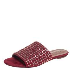 Alaia Red/Bronze Suede Embellished Flat Slides Size 37