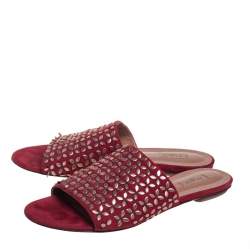 Alaia Red/Bronze Suede Embellished Flat Slides Size 37