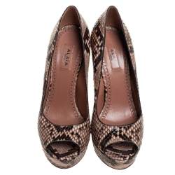 Pre Owned Alaia Brown/Beige Python Leather Peep Toe Pumps Size 36.5 