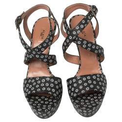 Alaia Blue/Black Canvas  Floral Print Platform Sandals Size 39