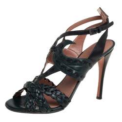 Pre Owned Alaia Grey/Black Braided Leather Ankle Strap Sandals Size 39.5