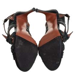 Pre Owned Alaia Grey/Black Braided Leather Ankle Strap Sandals Size 39.5