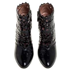 Pre Owned Alaia Black Patent Leather Cut Out Booties Size 40