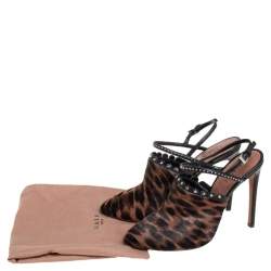 Alaia Brown Leopard Print Calf Hair And Black Studded Leather Slingback Sandals Size 37