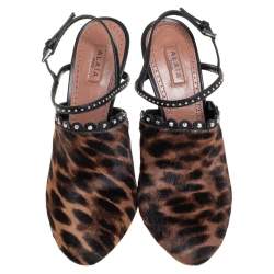 Alaia Brown Leopard Print Calf Hair And Black Studded Leather Slingback Sandals Size 37