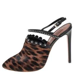 Alaia Brown Leopard Print Calf Hair And Black Studded Leather Slingback Sandals Size 37