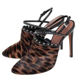 Alaia Brown Leopard Print Calf Hair And Black Studded Leather Slingback Sandals Size 37