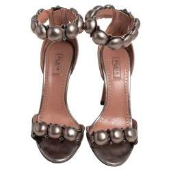 Pre Owned Alaia Metallic Grey Bombe Ankle Cuff Sandals Size 35