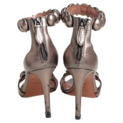 Pre Owned Alaia Metallic Grey Bombe Ankle Cuff Sandals Size 35